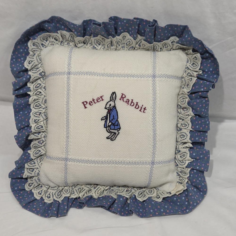 Peter Rabbit Throw Pillow Nursery Blue Cream Calico EXCELLENT Floral Lace 14"